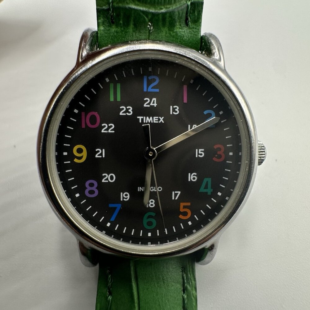 Timex Watch Women Silver Tone Black Dial Multicolored Numberals New Battery - Picture 2 of 12